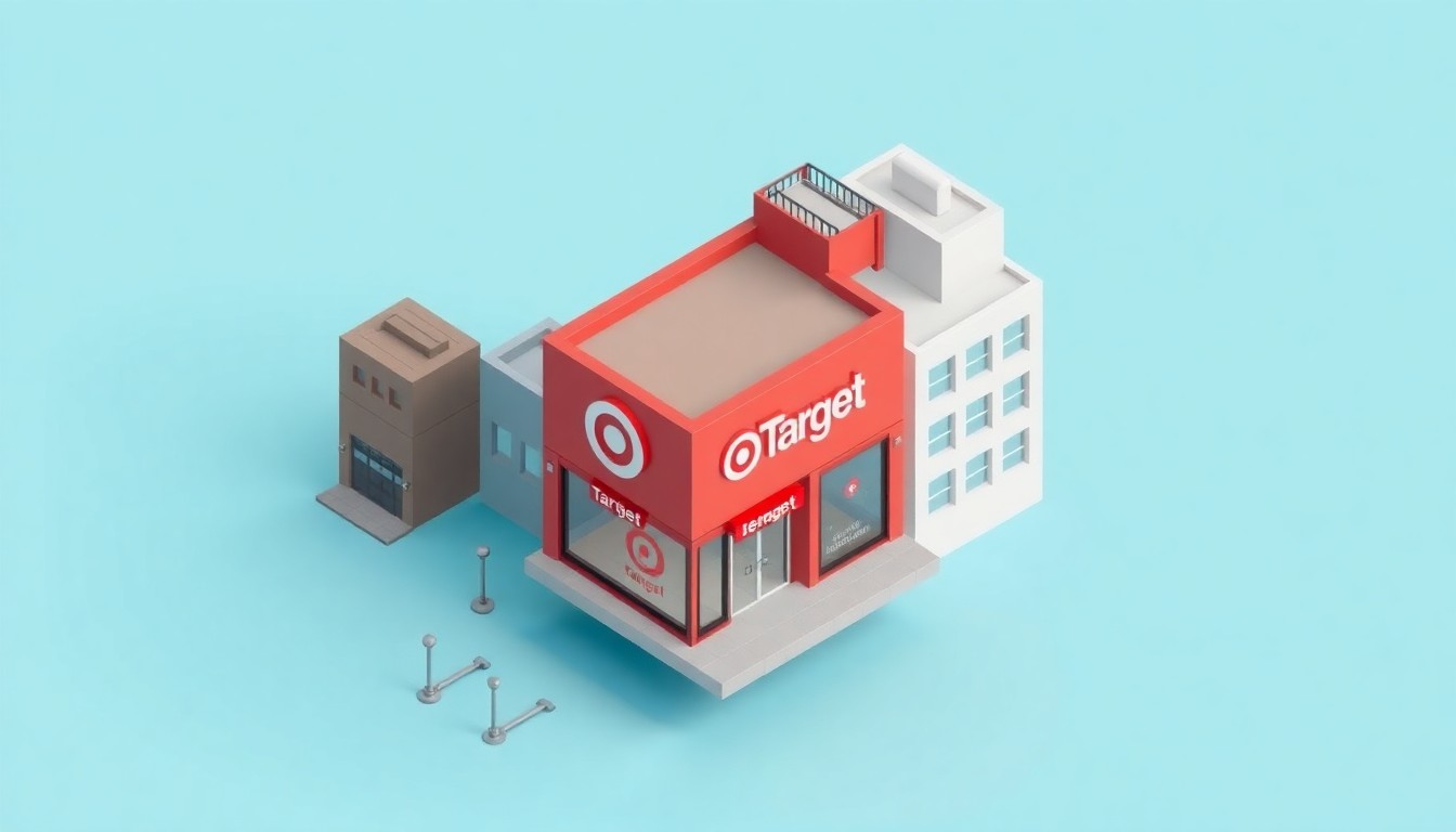 A highly stylized, isometric 3D digital illustration depicting a miniature Target store with its signature red branding, surrounded by other small urban buildings, conceptually representing the new store's addition to the Jersey City neighborhood.
