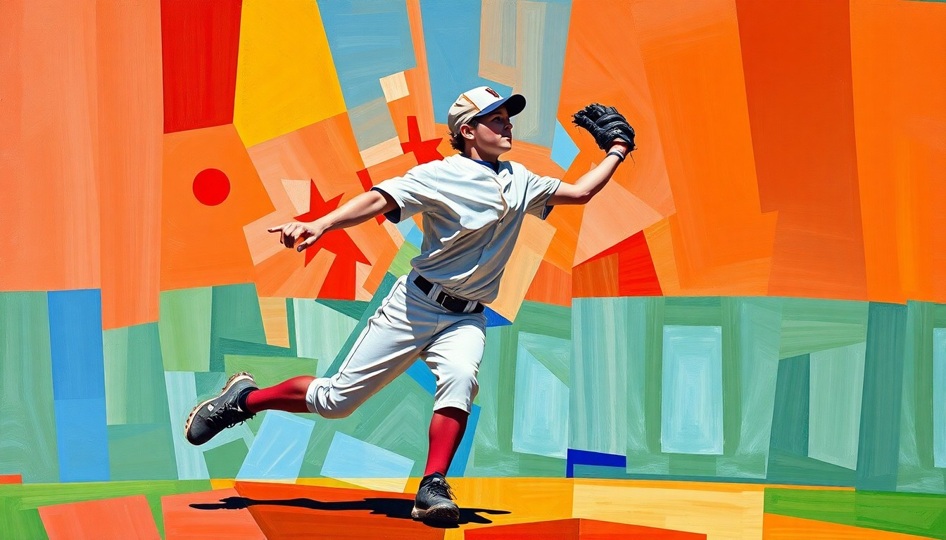 A fragmented, geometric painting depicting the motion of a baseball player fielding a ground ball, with sharp, overlapping planes of color representing the player's uniform and the baseball diamond.
