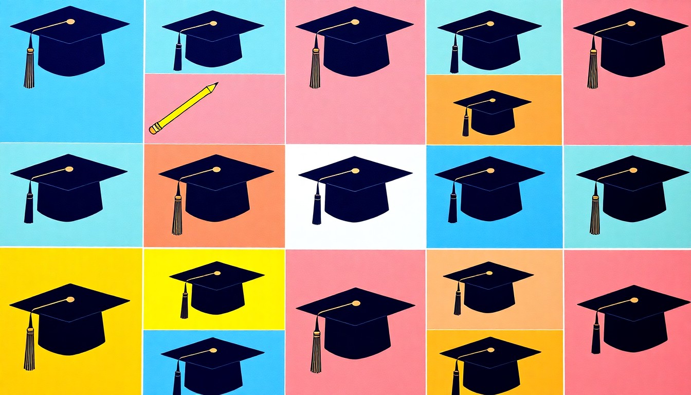 A vibrant, pop art-inspired grid of stylized academic icons, including a graduation cap, pencil, and beaker, conceptually representing the range of student achievements showcased at the ACT-SO competition.