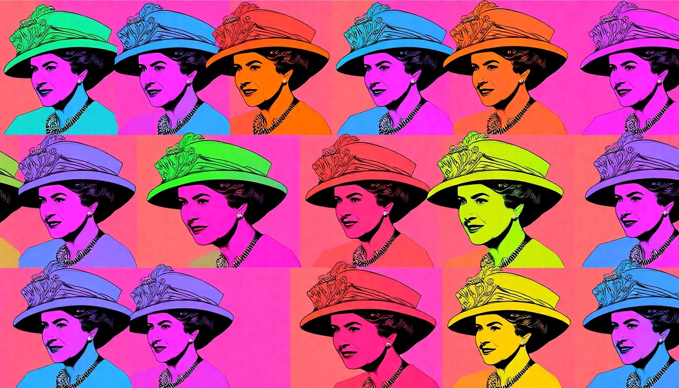 A bold, colorful silkscreen-style illustration featuring a repeating pattern of a single iconic fashion accessory from Queen Elizabeth II's wardrobe, such as a hat or brooch, rendered in vibrant neon hues and heavy black outlines to capture the Queen's signature style as modern pop art.