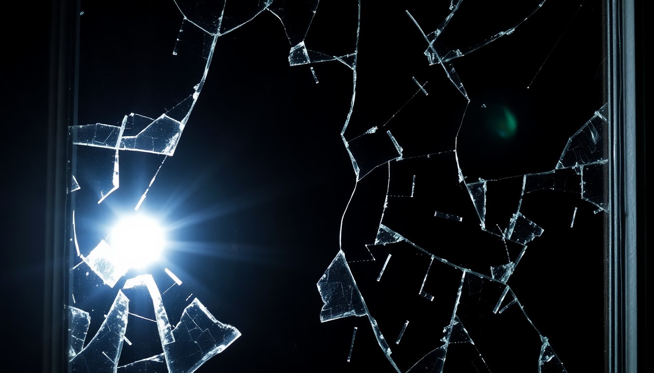 An extreme close-up photograph of a shattered glass window frame, lit by a harsh, direct camera flash against a pitch-black background, conveying the stark, gritty aftermath of a violent home invasion.