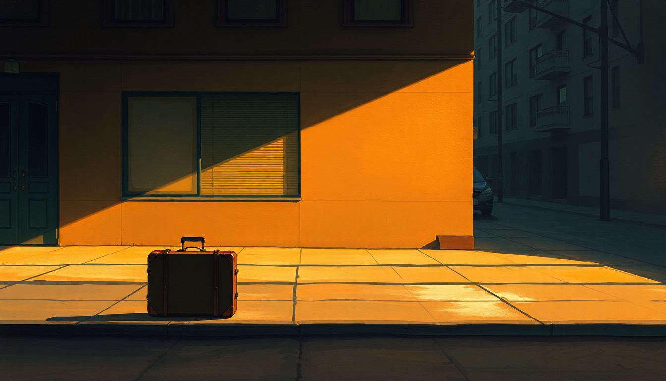 A cinematic painting of a solitary suitcase sitting on a city sidewalk, the warm sunlight and deep shadows creating a nostalgic, melancholy mood that reflects the personal impact of the government's actions.