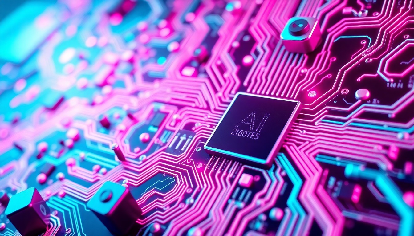 A highly detailed, glowing 3D illustration of a complex circuit board with pulsing neon cyan and magenta lights, conceptually representing the digital backbone of the tech industry and its current preoccupations.