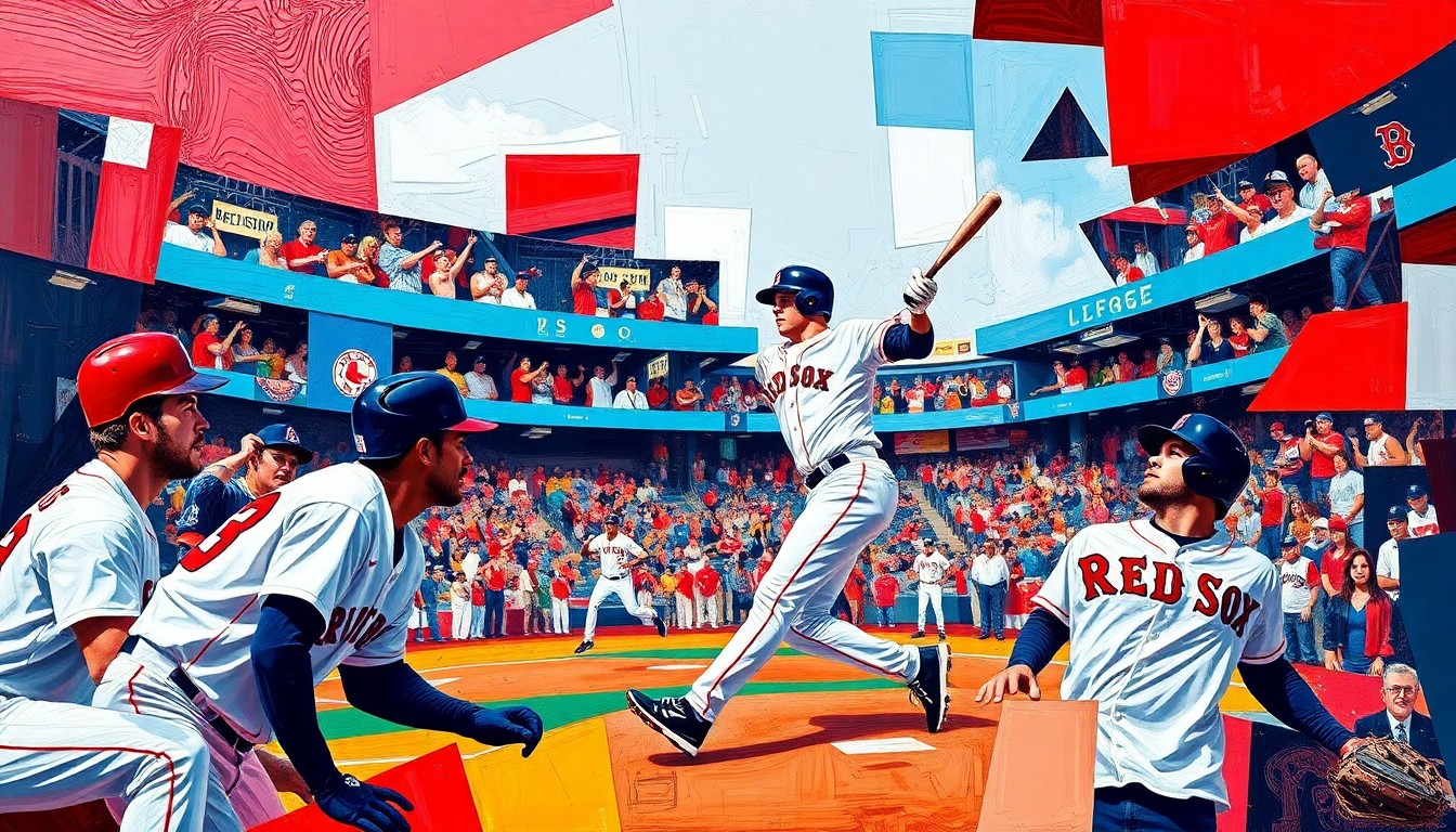 A cubist-style painting depicting a baseball game or players in action, broken down into sharp, overlapping geometric shapes in the Red Sox team colors of red, navy blue, and white.