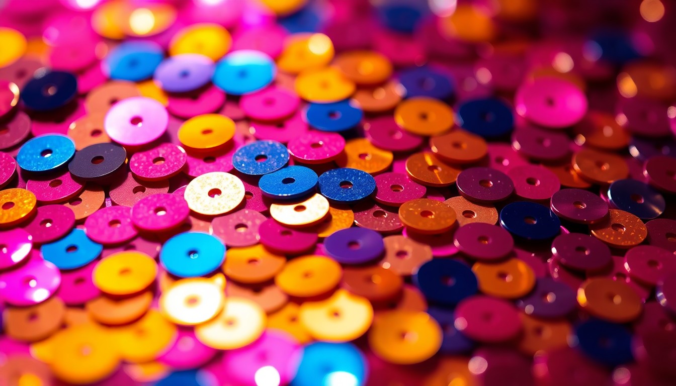 An extreme close-up photograph of shimmering sequins in a bold, high-contrast color palette, conveying the glamorous energy of reality TV through abstract texture and light.