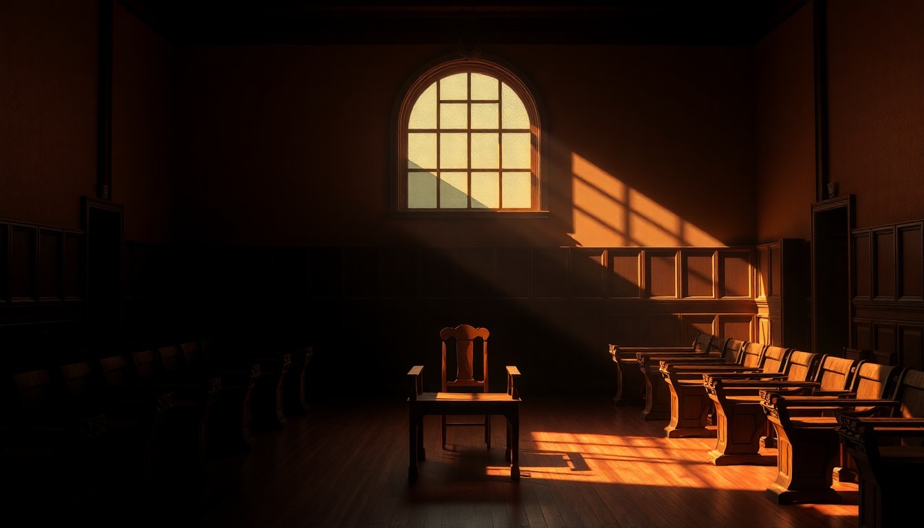 A dimly lit, cinematic courtroom scene with warm, diagonal sunlight streaming through the windows, casting deep shadows across an empty wooden bench and chair, conveying a sense of quiet contemplation about the role of justice in society.
