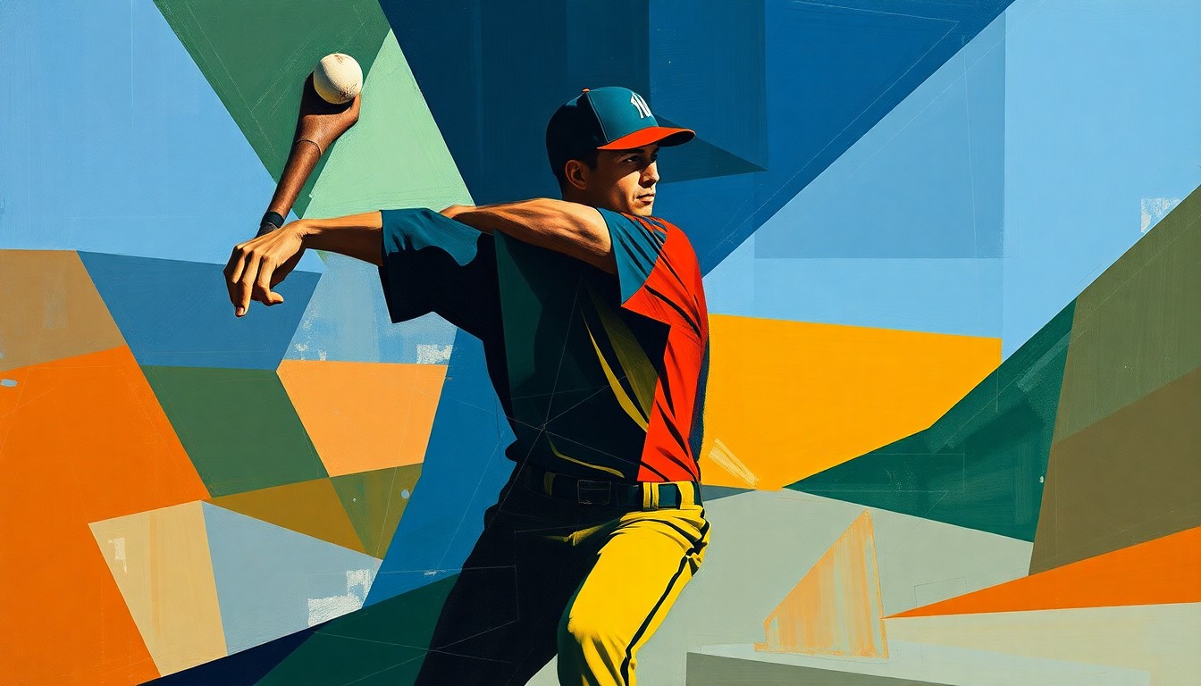 A cubist, geometric painting depicting a baseball pitcher's motion broken down into overlapping angular shapes in navy, green, and orange, conveying the complex recovery process for an injured star player.