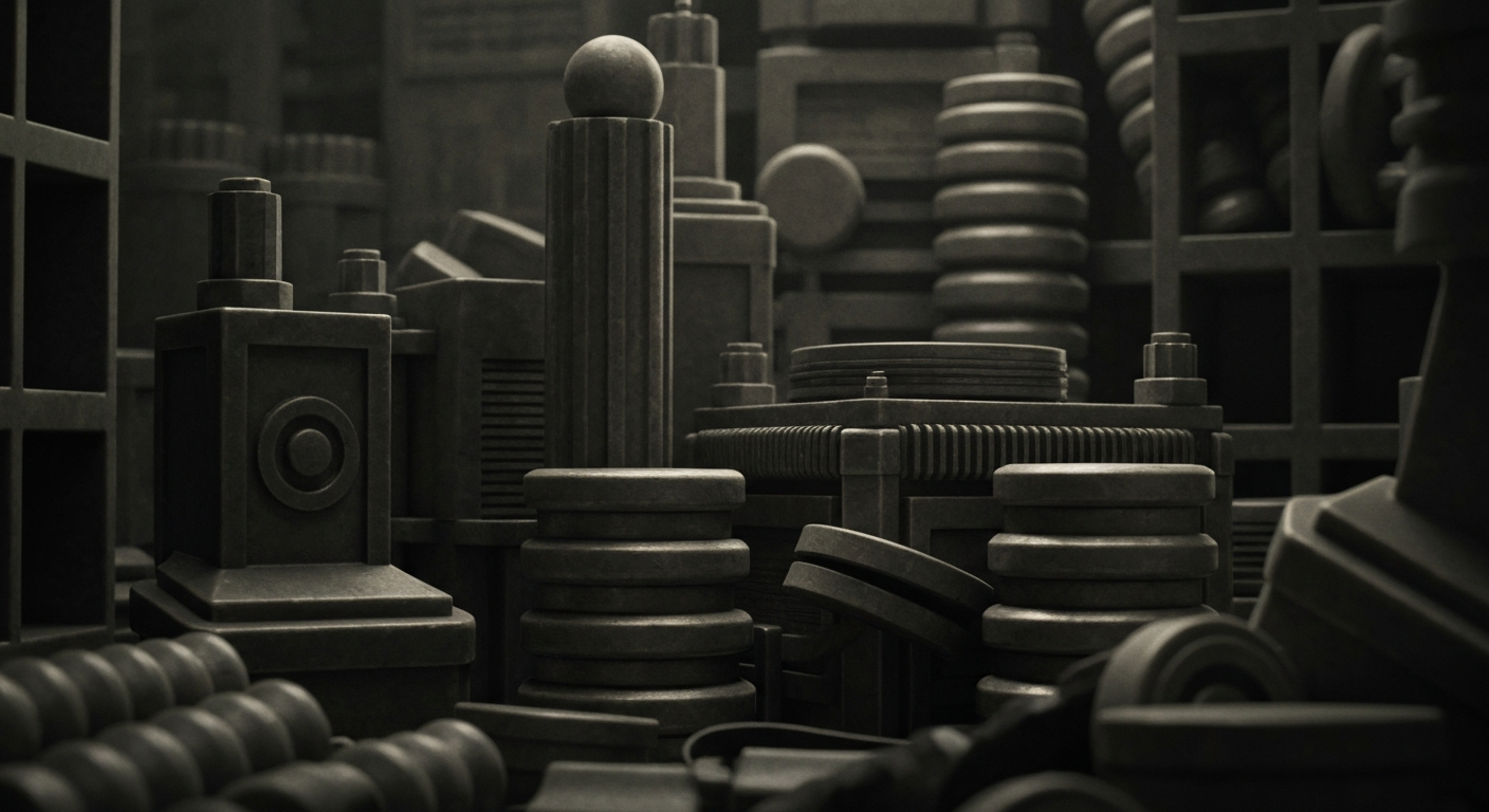 An extreme close-up of gears, levers, and other heavy industrial banking equipment, conveying the intricate and potentially fragile nature of the financial system.