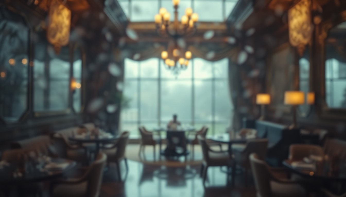 An extremely blurred and abstracted photograph showing the hazy outline of a dimly lit, luxurious lounge or dining area, conveying a sense of exclusivity and faded glamour.