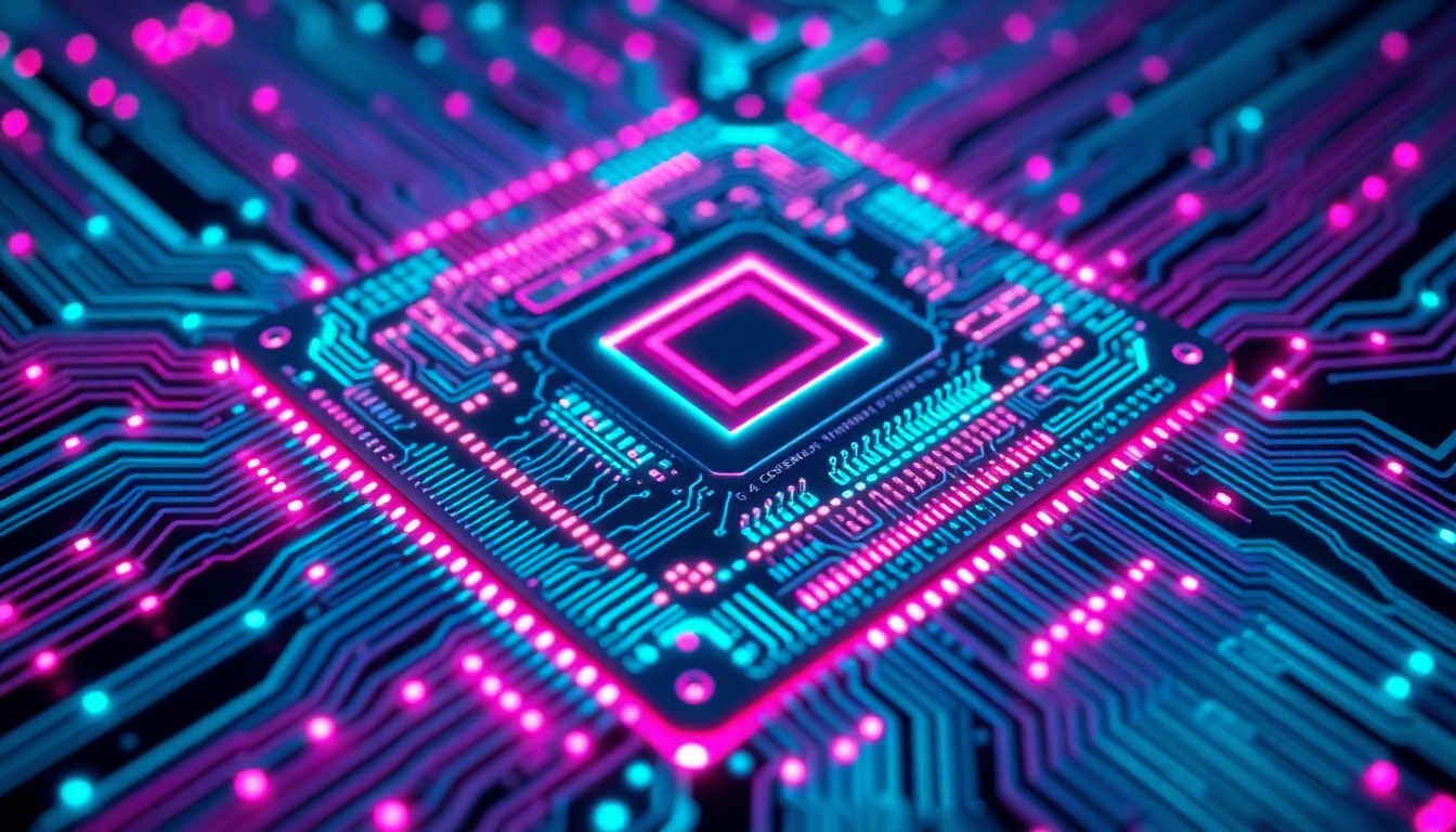 A highly detailed, glowing 3D illustration of Cerebras' custom AI chip architecture, with intricate circuit patterns illuminated by neon cyan and magenta lights, conceptually representing the company's specialized hardware for running large-scale AI models.