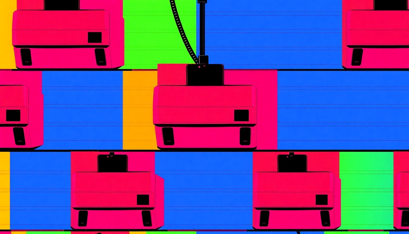 A grid of brightly colored, high-contrast silkscreen panels depicting a single iconic garage door object, such as a garage door opener or panel, in a bold, abstract pop art style.