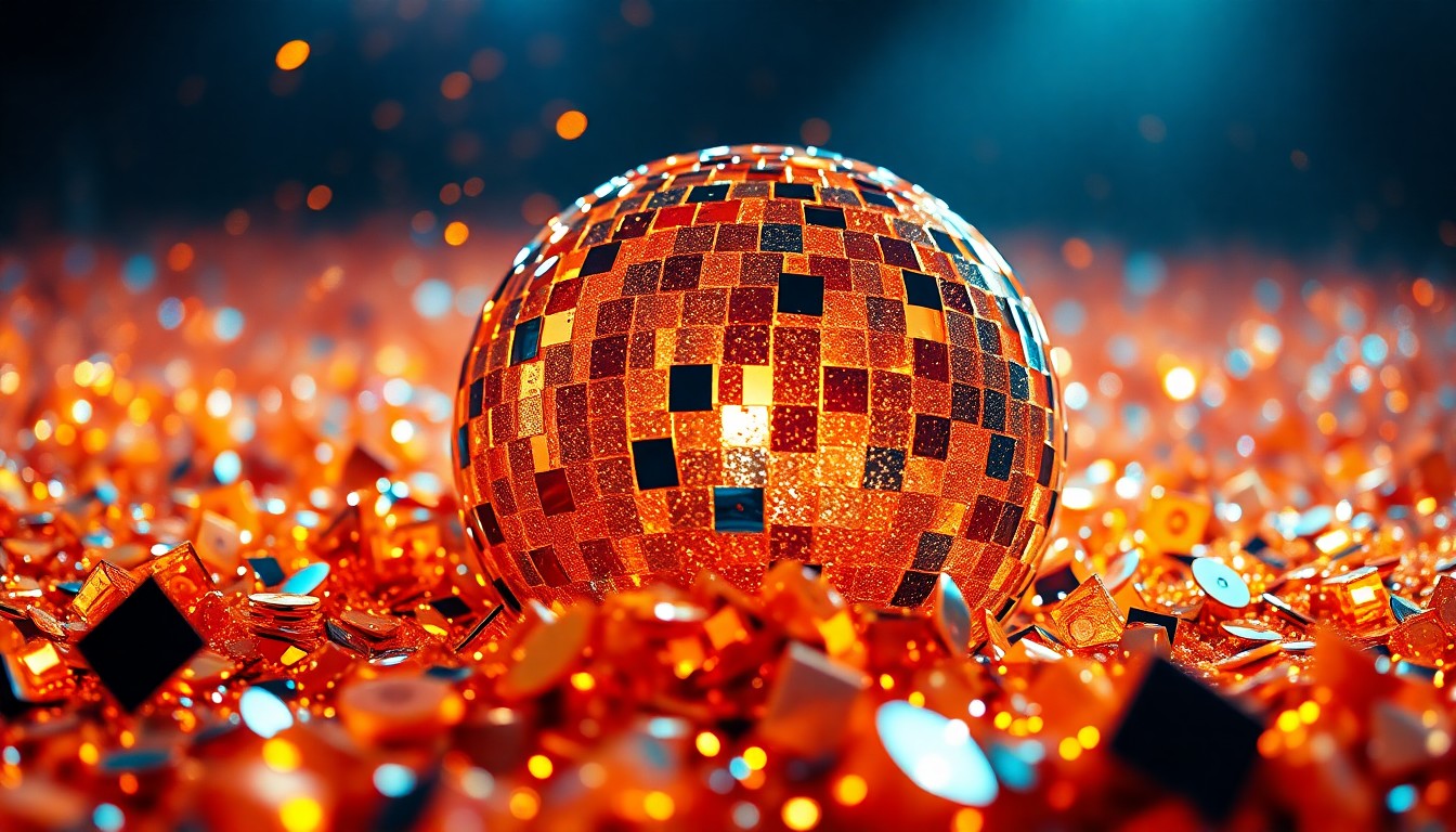 An abstract close-up photograph of shimmering sequins and glittering disco ball fragments, bathed in dramatic studio lighting to create a high-contrast, high-glamour aesthetic representing the energy of a Billie Eilish concert.