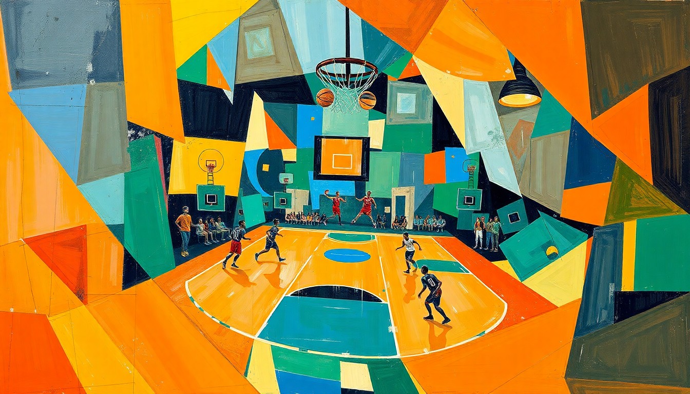 A cubist-style painting depicting a basketball game broken down into overlapping geometric shapes and planes in vibrant orange, blue, and green hues, conveying the fragmented and multi-dimensional nature of prediction market trading.