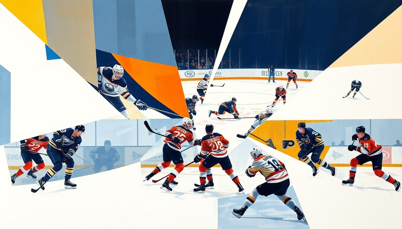 A cubist, geometric painting depicting a hockey game or match, with the players and action broken down into abstract shapes and angles in the colors of the Buffalo Sabres and Philadelphia Flyers, capturing the shifting dynamics of the Eastern Conference playoff picture.