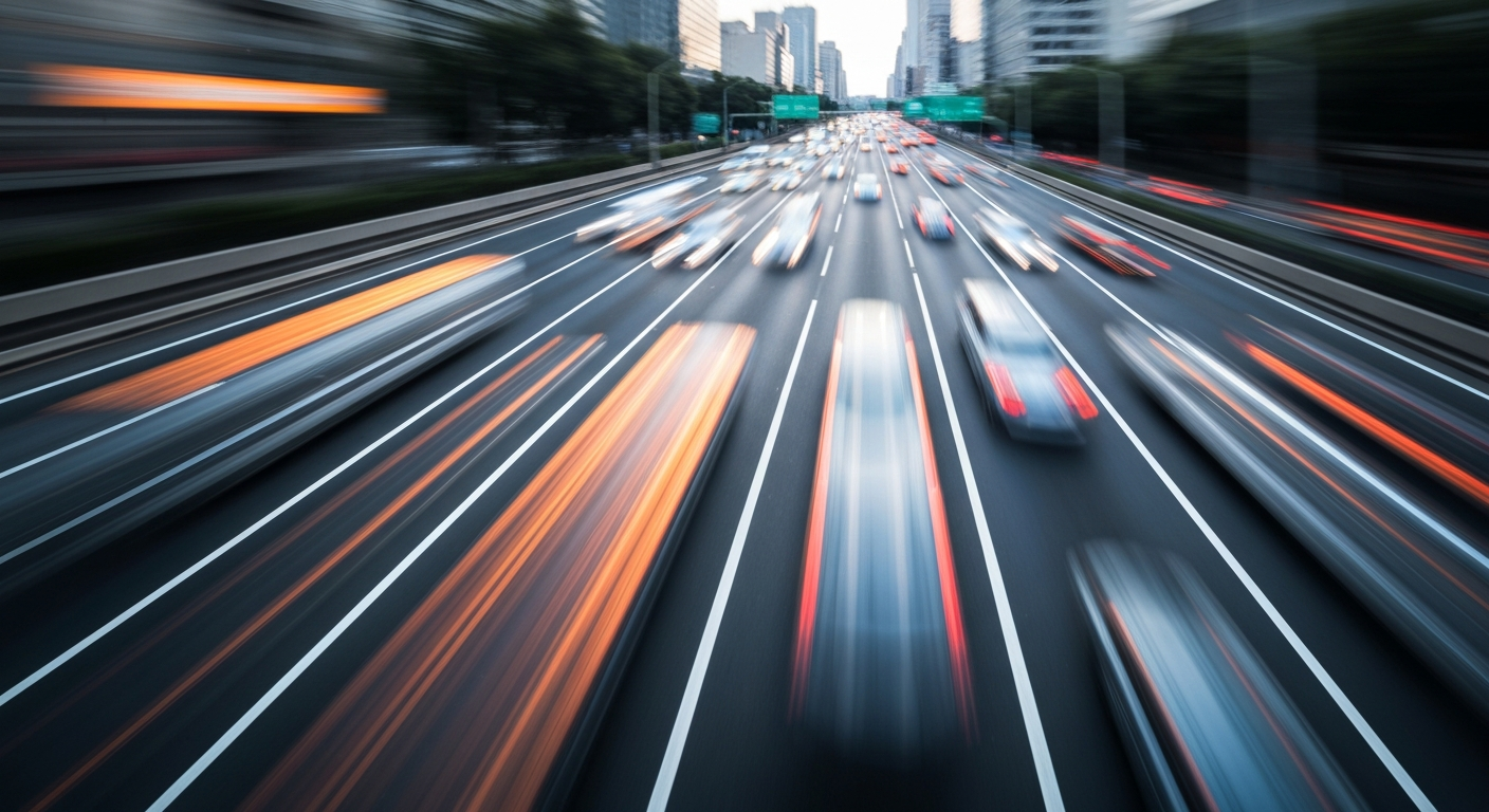 An abstract, blurred photograph in shades of gray, blue, and orange, conveying the chaotic motion and speed of traffic on a busy urban highway.