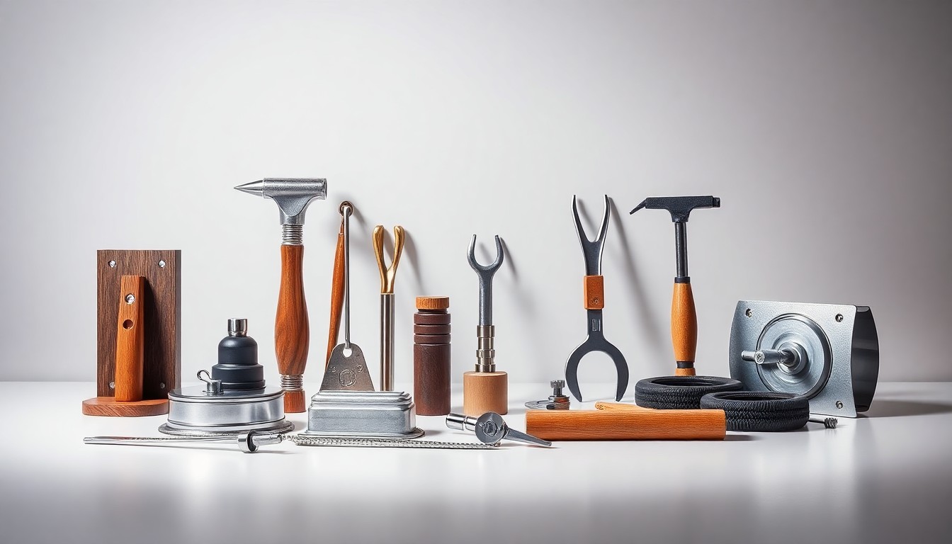 A high-end studio still life photograph featuring a selection of polished, premium garage door hardware components and tools arranged elegantly on a clean, monochromatic background, conveying the craftsmanship and attention to detail that goes into Davis Overhead Doors' services.