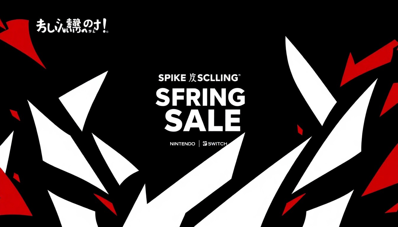 An abstract, minimalist illustration composed of bold, angular shapes in black, white, and red, conceptually representing the variety of game genres and franchises included in the Spike Chunsoft Spring Sale on Nintendo Switch.