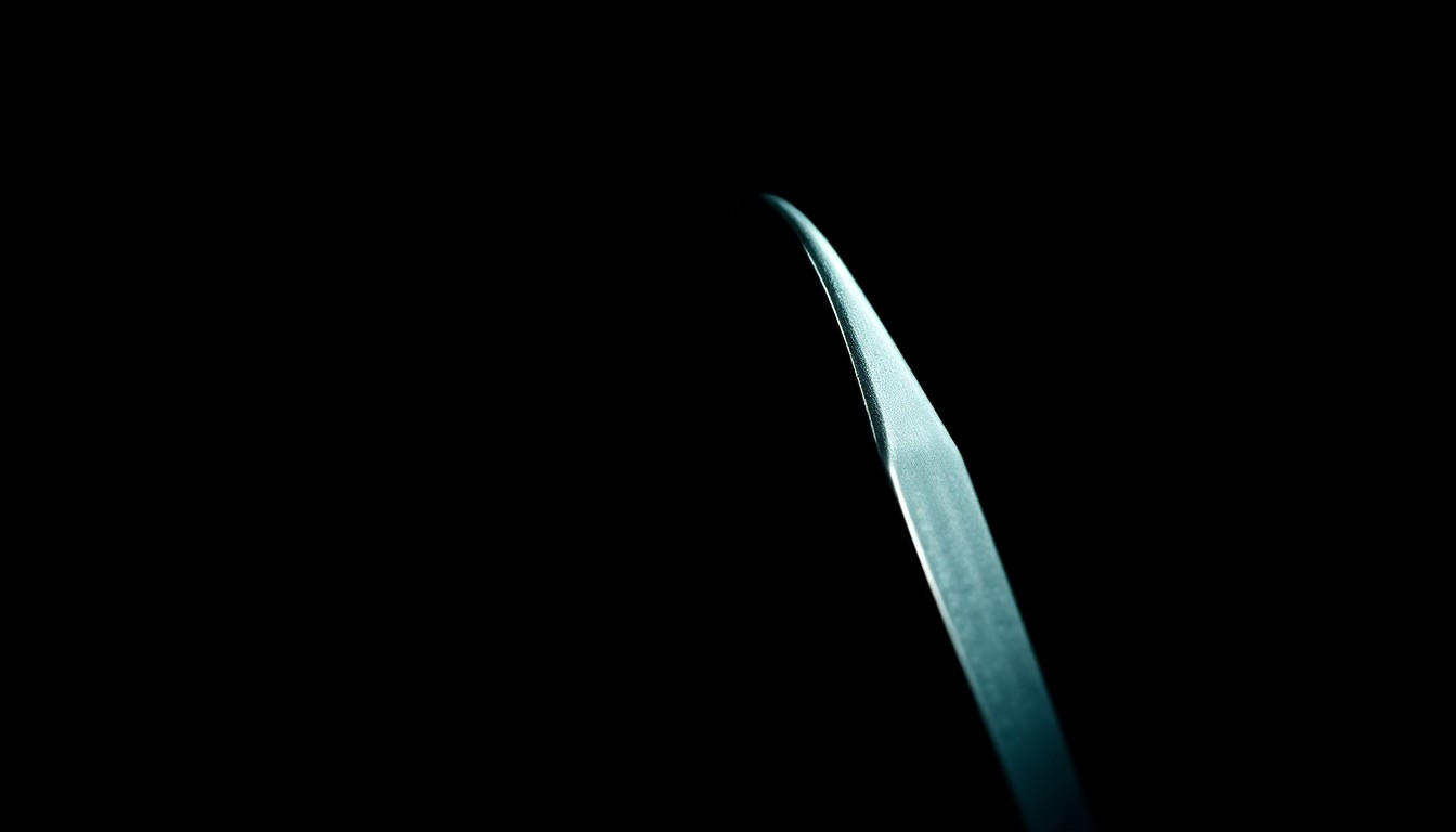 An extreme close-up photograph of a dental tool, such as a pair of forceps or a dental mirror, lit by a harsh, direct camera flash against a pitch-black background, conveying a stark, gritty, and investigative aesthetic without depicting any violence.