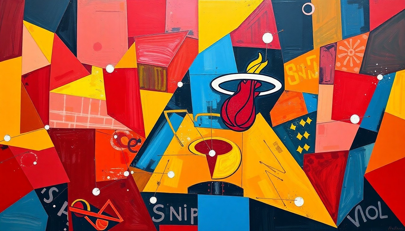 A fragmented, geometric painting in the style of Pablo Picasso, using the Miami Heat's official colors to depict a basketball game in an abstract, multi-angled composition, conceptually representing the team's up-and-down campaign.