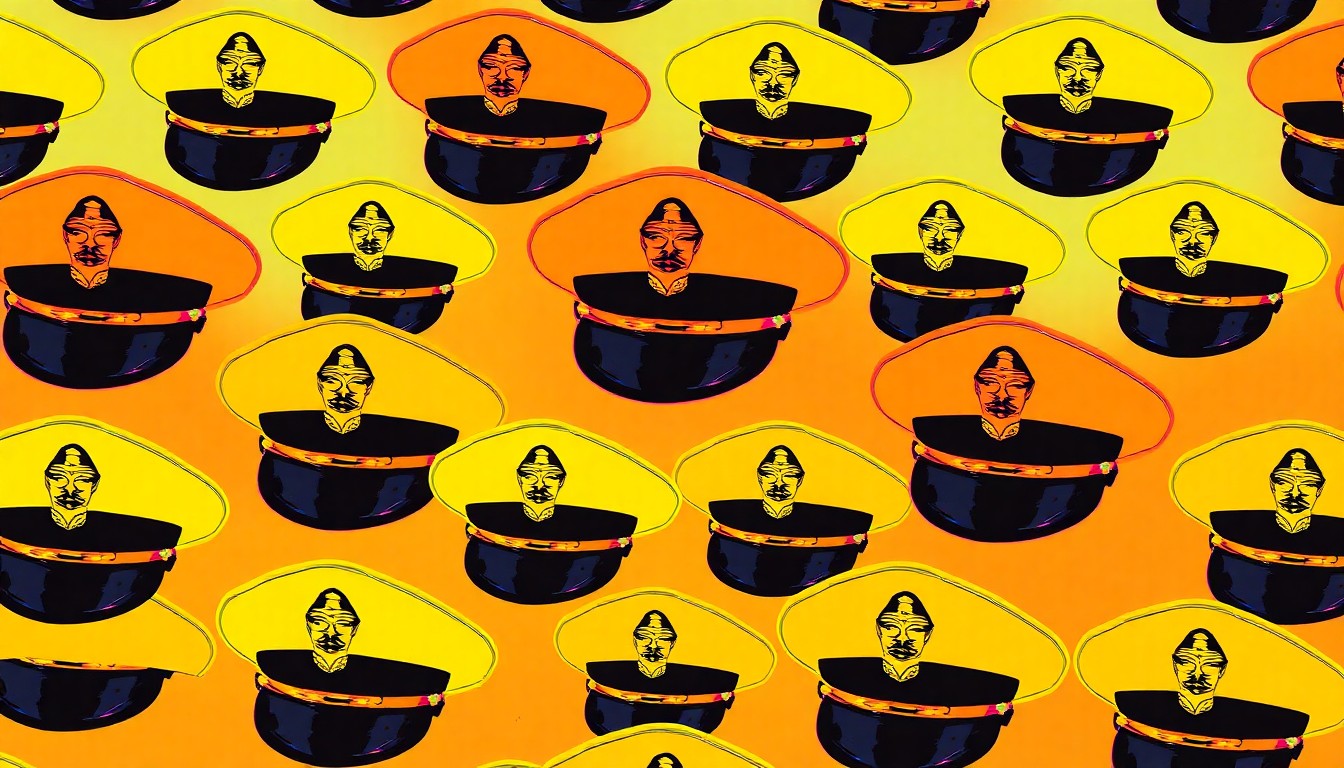 A brightly colored, high-contrast silkscreen print of a military honor guard uniform cap repeated in a tight grid pattern, capturing the celebratory spirit of the Operation Honor Guard's community fundraiser.