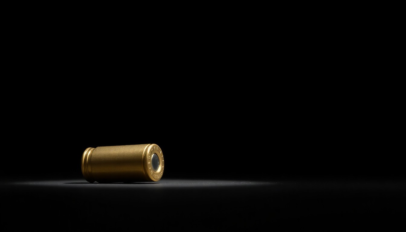 An extreme close-up of a single bullet casing, the metallic surface reflecting the harsh light of the camera flash, creating a gritty, investigative aesthetic that conceptually represents the gravity of the alleged crime.