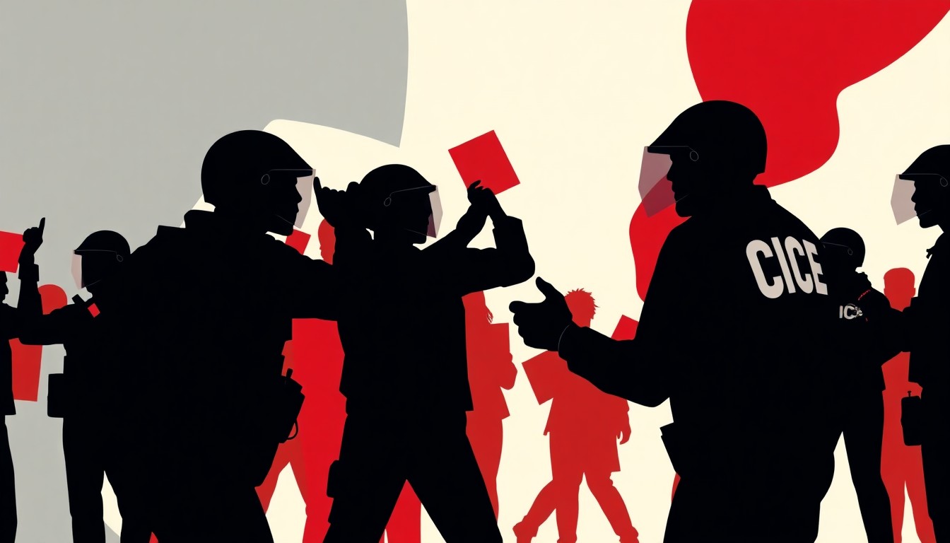 An abstract, minimalist illustration featuring sharp, geometric black silhouettes against a bright red background, conceptually representing the confrontation between protesters and ICE agents.