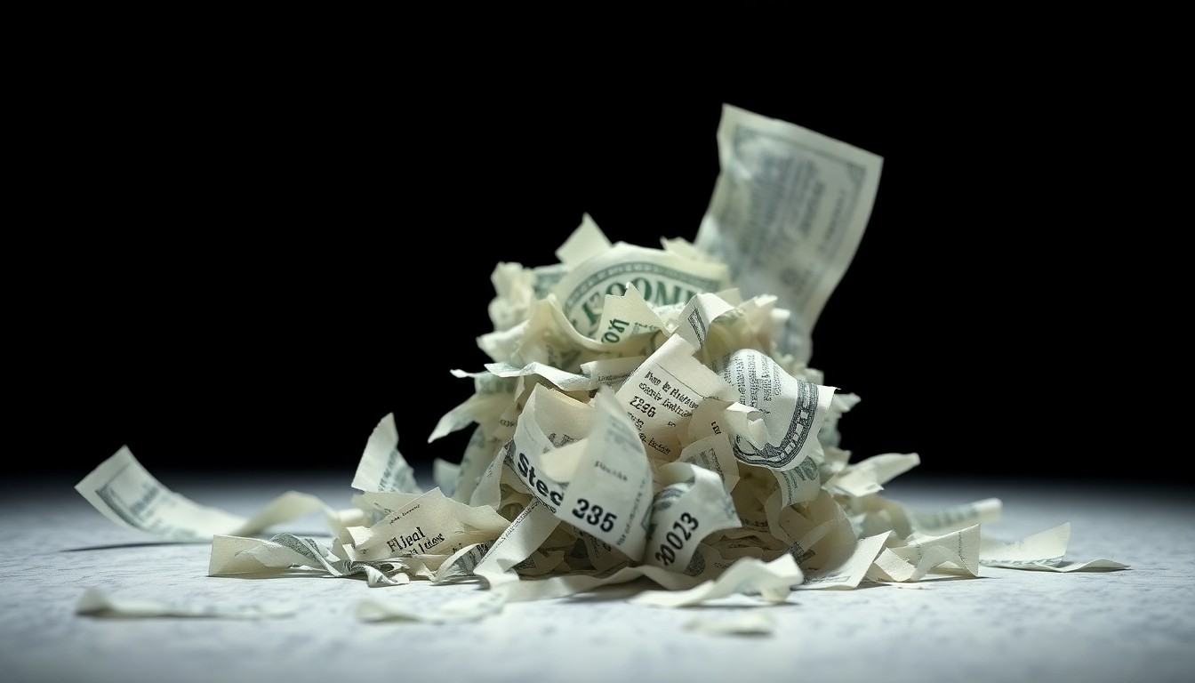 An extreme close-up of a shredded financial document or crumpled bank statement, lit by a harsh, direct camera flash against a pitch-black background, conceptually illustrating the efforts to conceal evidence related to the Epstein sex trafficking scandal.