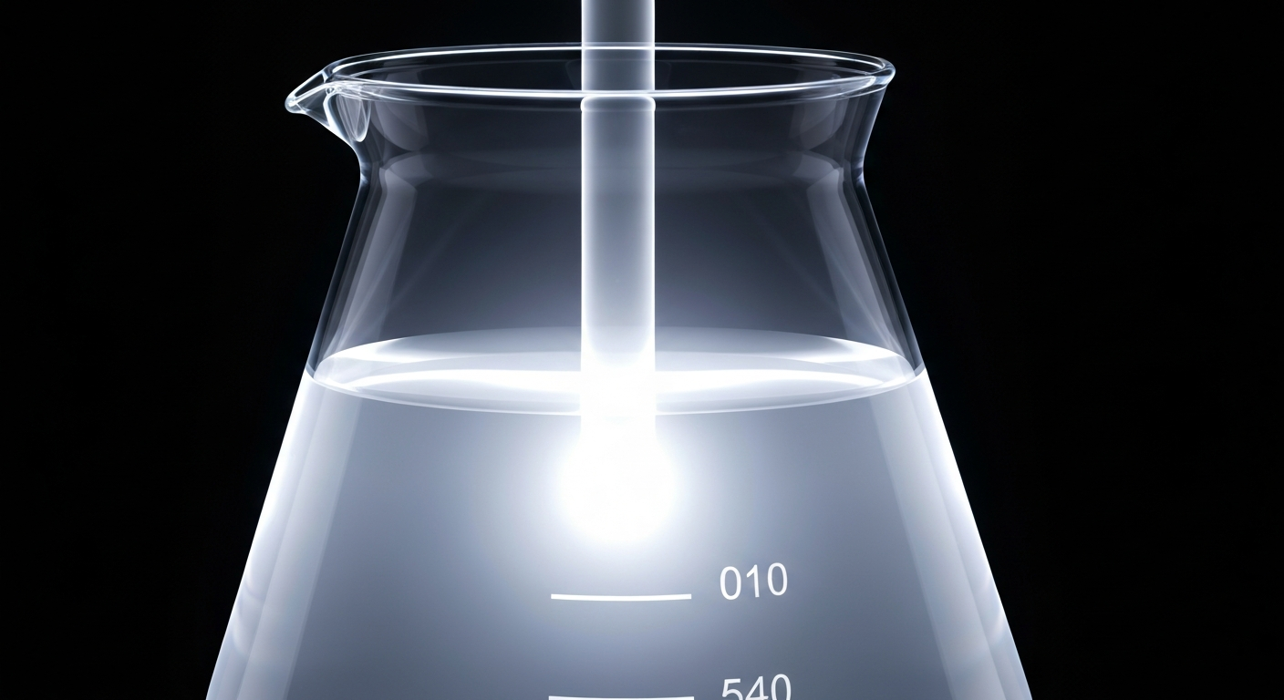An extreme close-up of a translucent laboratory beaker filled with a glowing, ghostly liquid, conceptually representing the internal scientific processes that ensure product safety and quality.