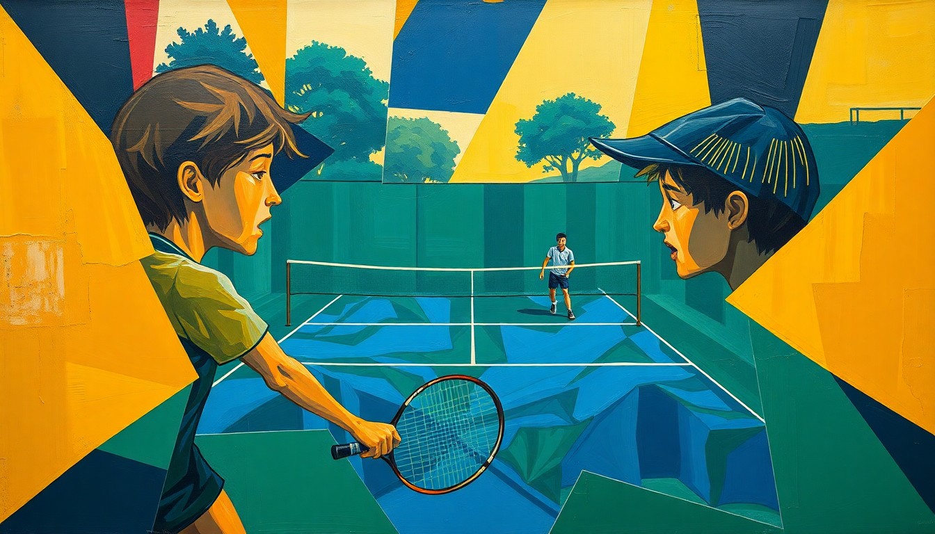 A fragmented, geometric painting depicting the dynamic movements and perspectives of a tennis match, with sharp planes of navy, green, and gold.