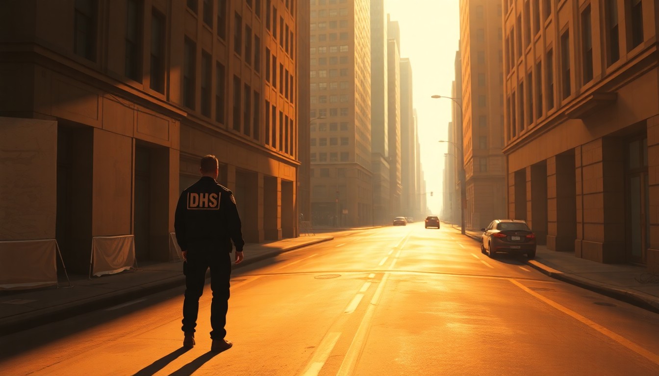 A moody, cinematic painting depicting a lone DHS agent standing in the shadows of an empty city street, the scene bathed in warm, diagonal sunlight, conceptually illustrating the controversial expansion of federal power in local affairs.