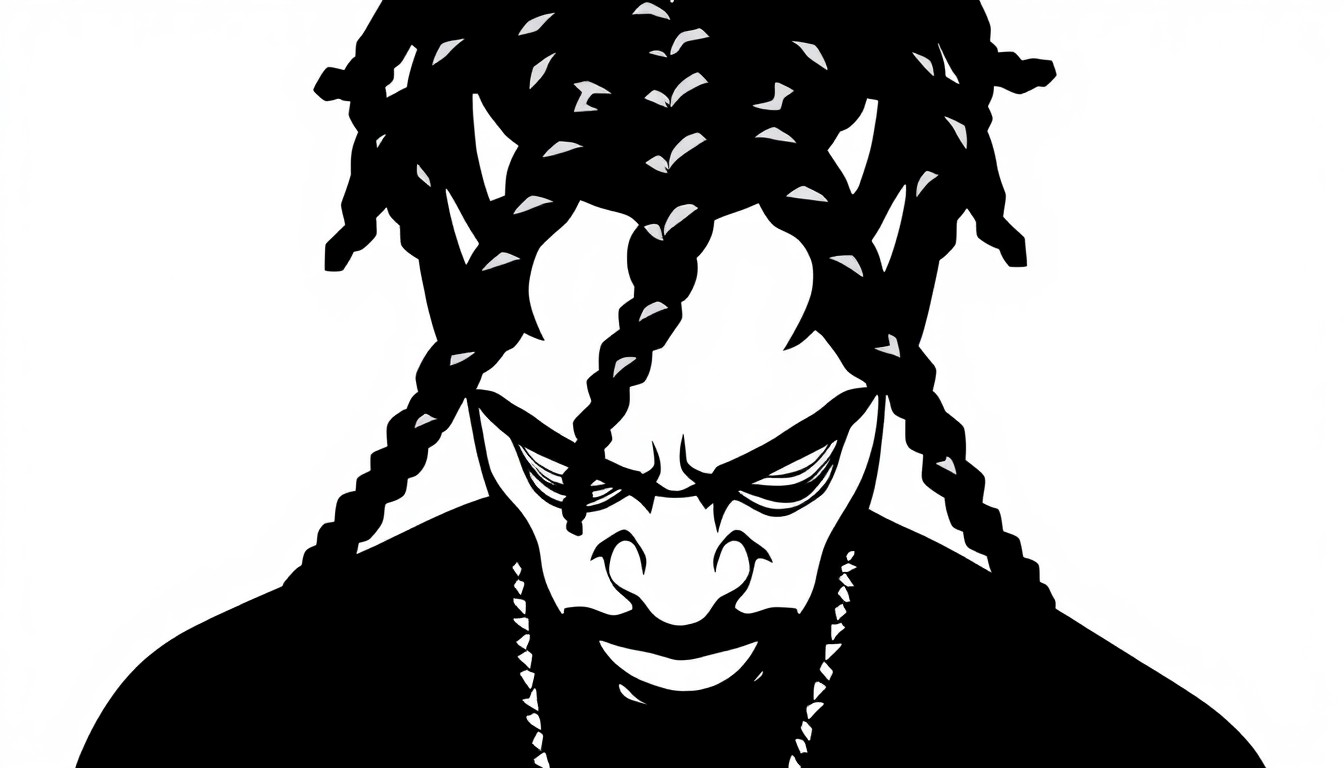 A striking black and white illustration featuring a jagged, silhouetted shape reminiscent of Snoop Dogg's signature braided hairstyle, conveying the iconic rapper's influence and impact through a conceptual, abstract design.