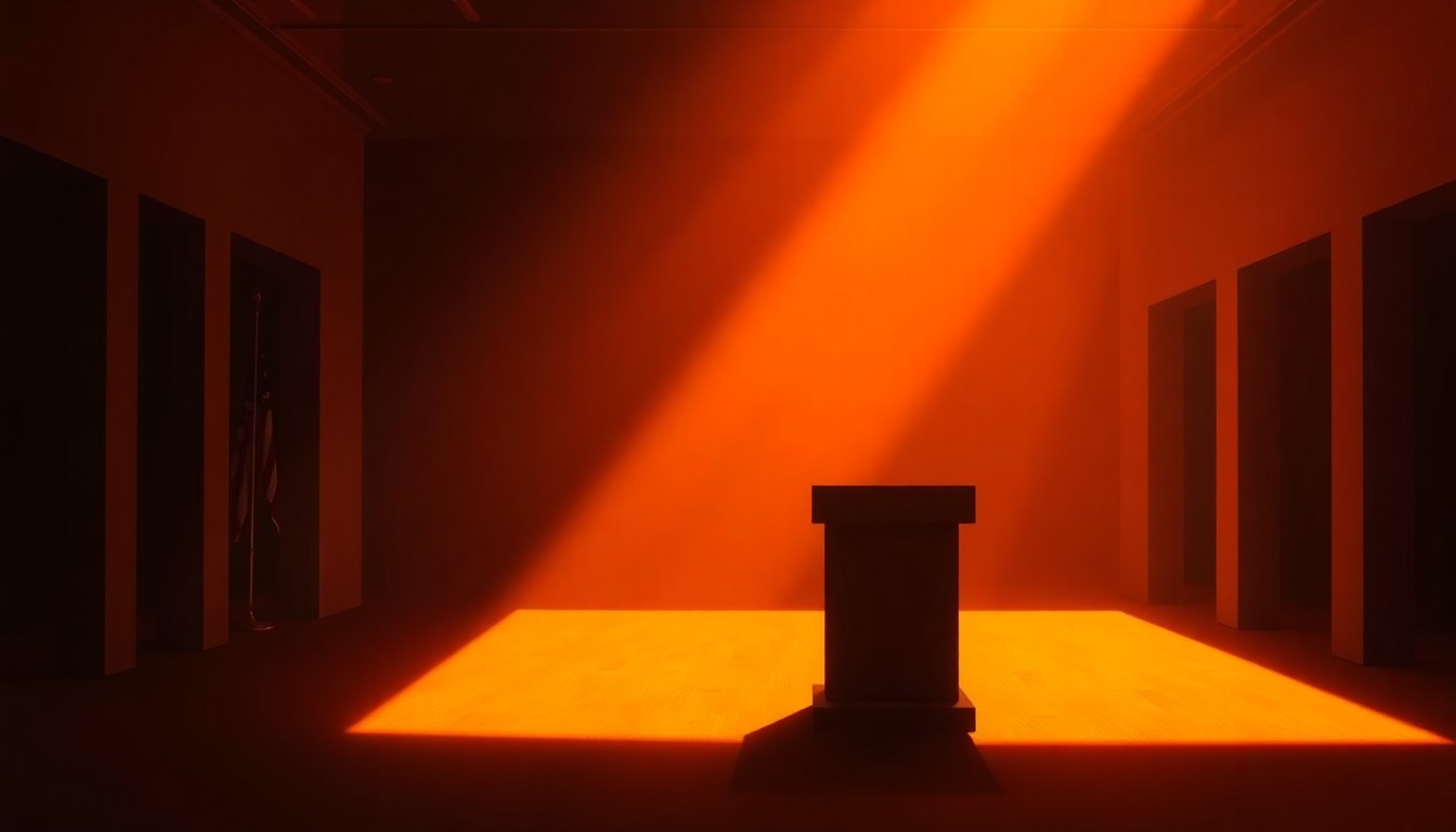 A serene, cinematic painting depicting a simple political podium set against a backdrop of warm, diagonal sunlight and deep shadows, conveying a sense of solemnity and contemplation around the upcoming Virginia gubernatorial election.