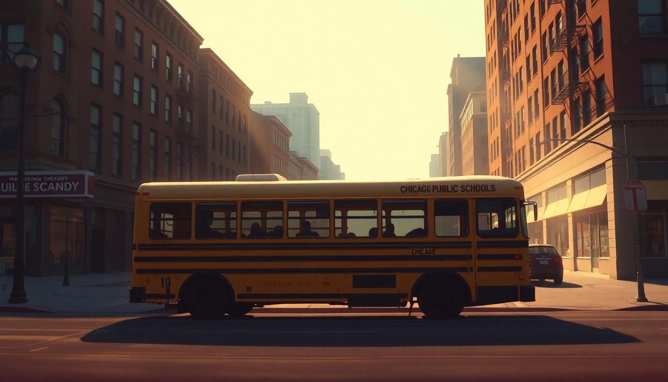 A cinematic painting of a solitary school bus parked on a city street, with warm sunlight and deep shadows creating a nostalgic, contemplative mood that reflects the story's themes of labor rights and community solidarity.