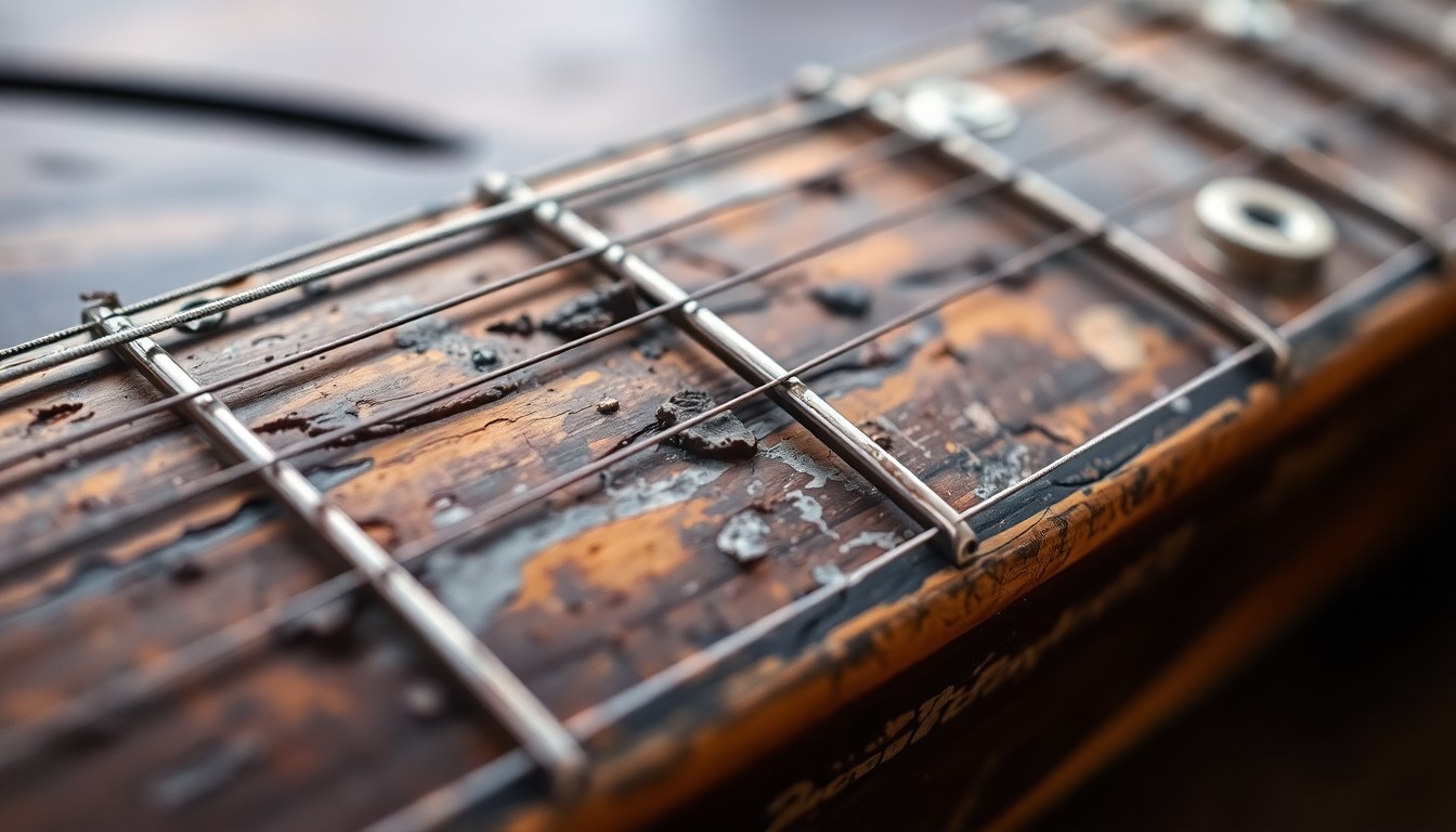 An extreme macro photograph of a well-worn, textured electric guitar neck in earthy tones, conveying the history and legacy of the instrument.