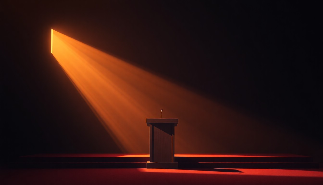 A warm, cinematic painting depicting an empty political debate stage or podium, with soft lighting and deep shadows creating a contemplative, nostalgic mood.