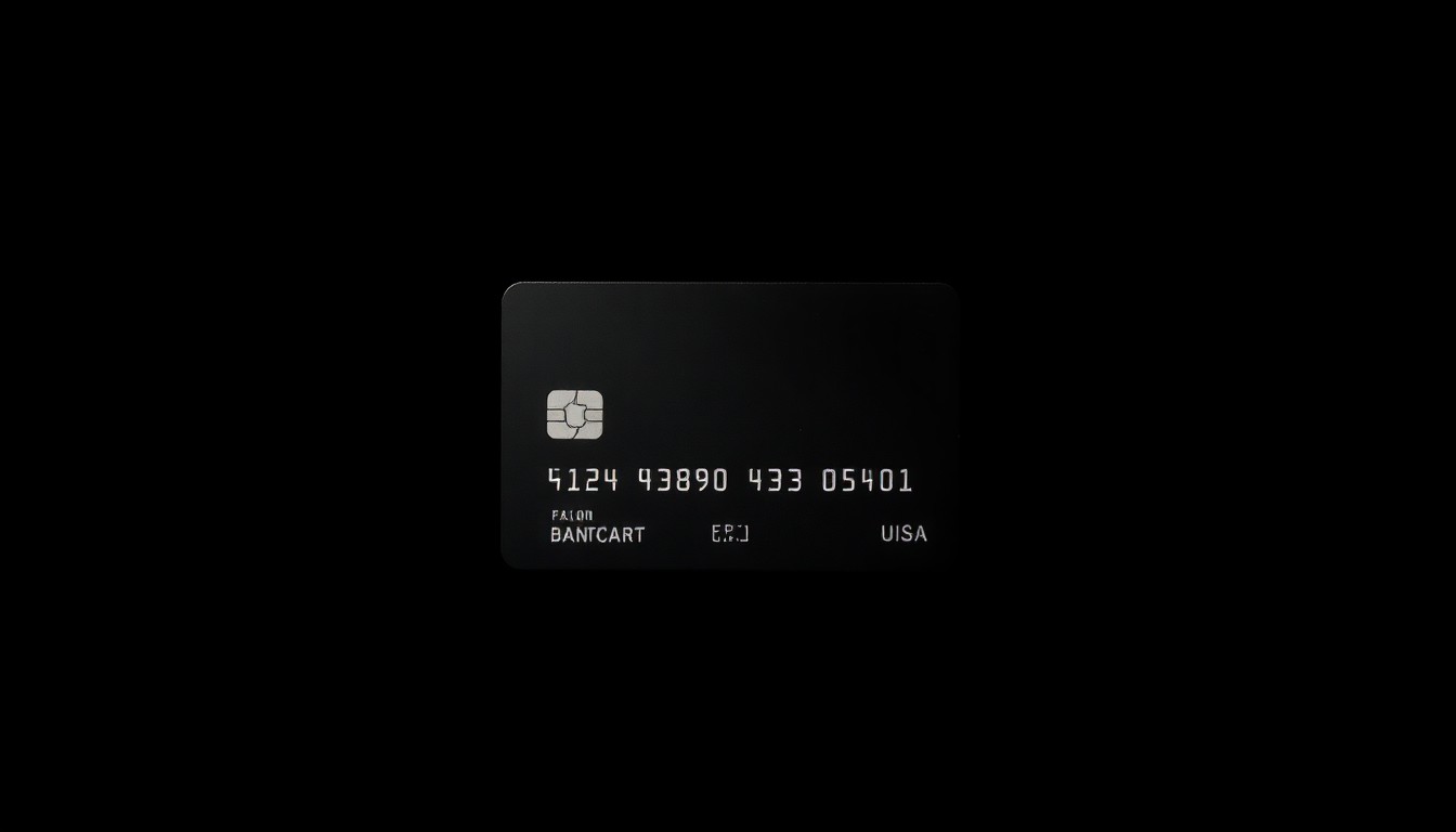 An extreme close-up photograph of a stolen bank card, its surface details and textures dramatically illuminated by a harsh, direct camera flash against a pitch-black background, conceptually representing the stark, gritty nature of identity theft crimes.