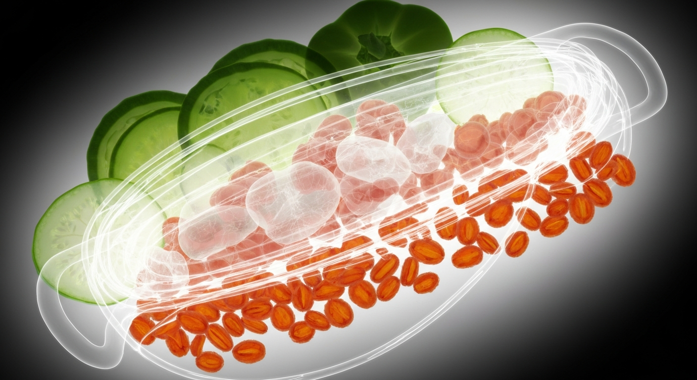 An extreme close-up X-ray photograph showing the internal structure of a healthy meal with protein, vegetables, and complex carbohydrates, the ghostly glowing lines highlighting the nutritional density and synergistic components of the dish.