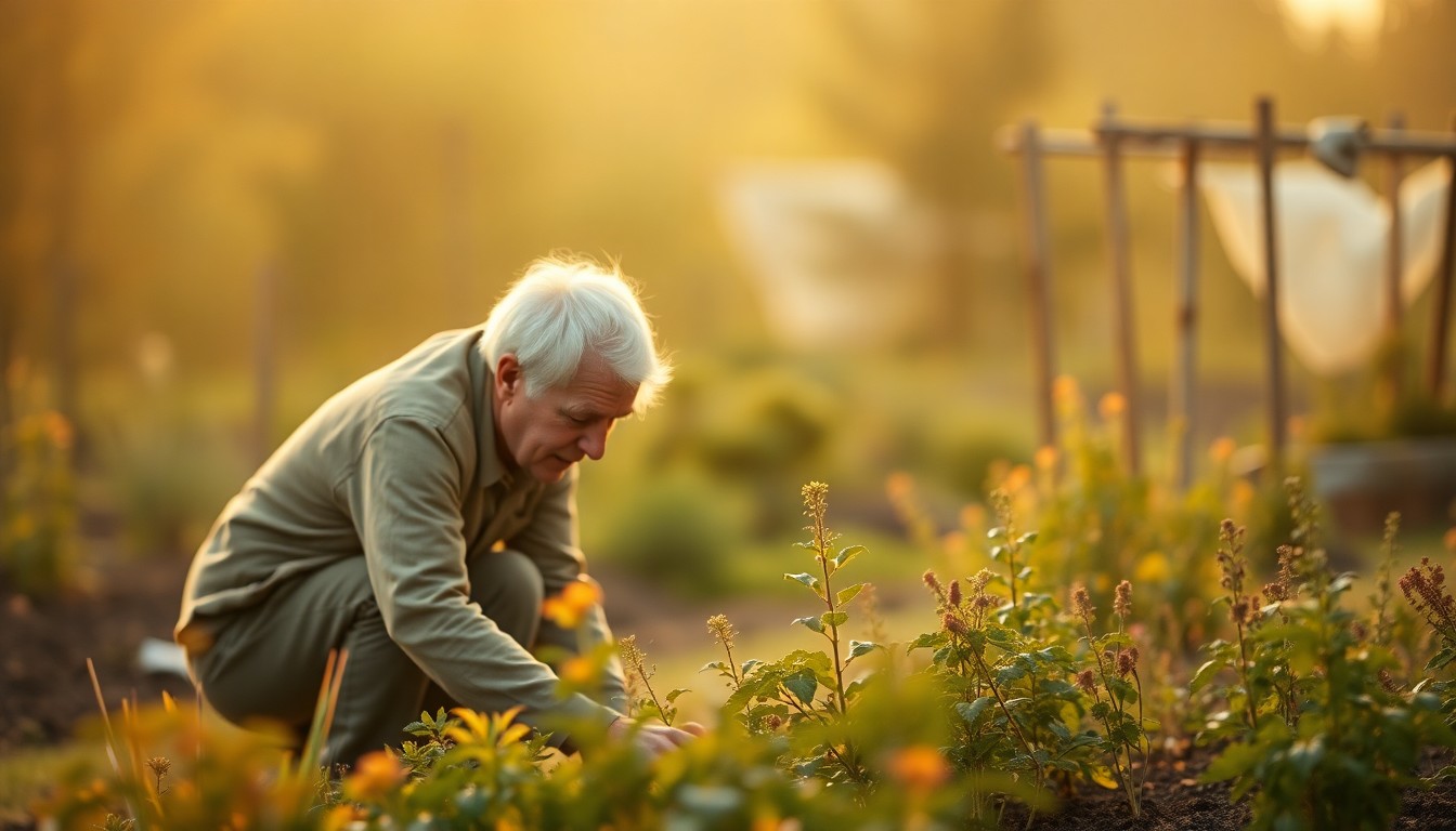 An extremely abstracted, out-of-focus photograph in soft pools of warm color and light, depicting an elderly man tending to a small garden, conceptually representing the lifelong passions of David Owen Warner.