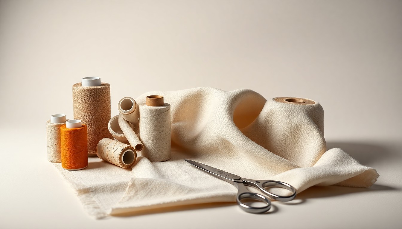A photorealistic studio still life featuring an elegant arrangement of premium textile materials and tools, including spools of thread, fabric swatches, and sewing shears, set against a clean, monochromatic background with dramatic lighting and deep shadows.
