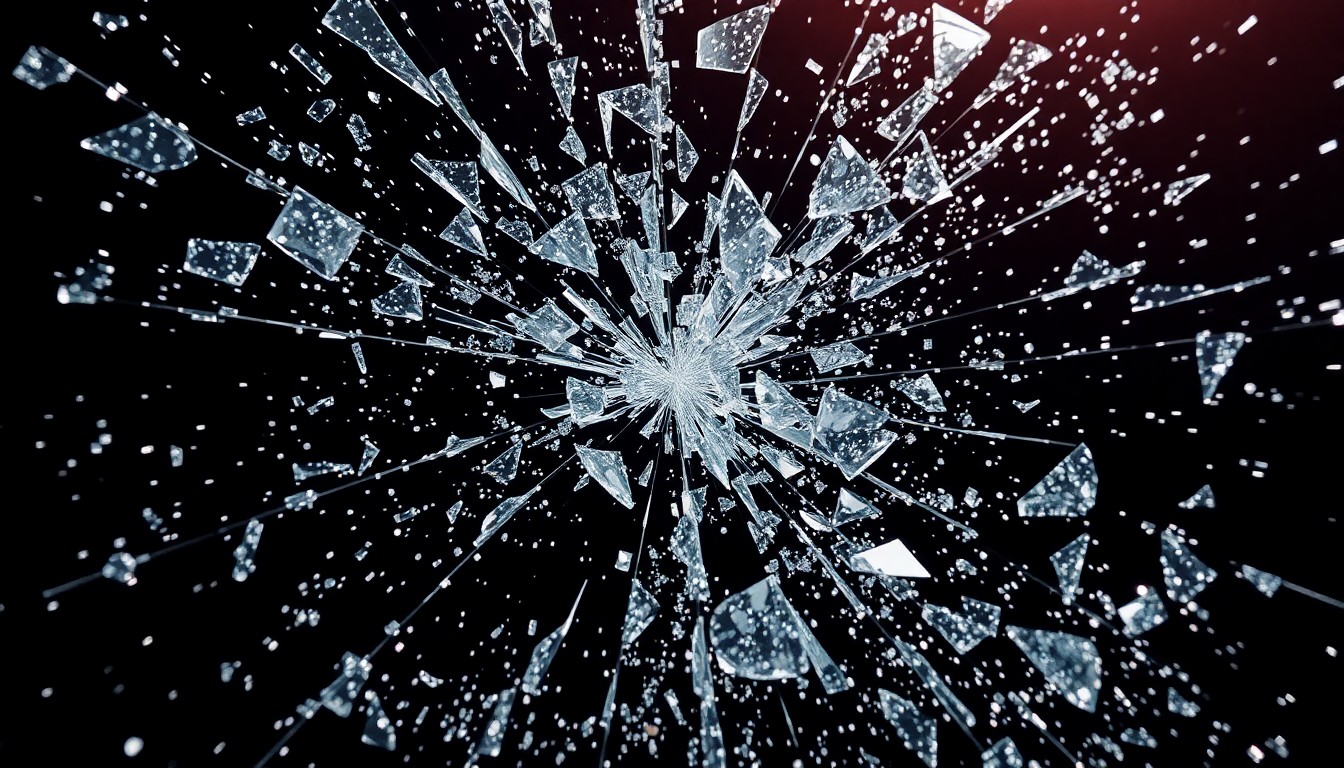 An extreme close-up of shattered glass and glittering shards in dramatic high-contrast studio lighting, conceptually representing the collision of two popular video game franchises.