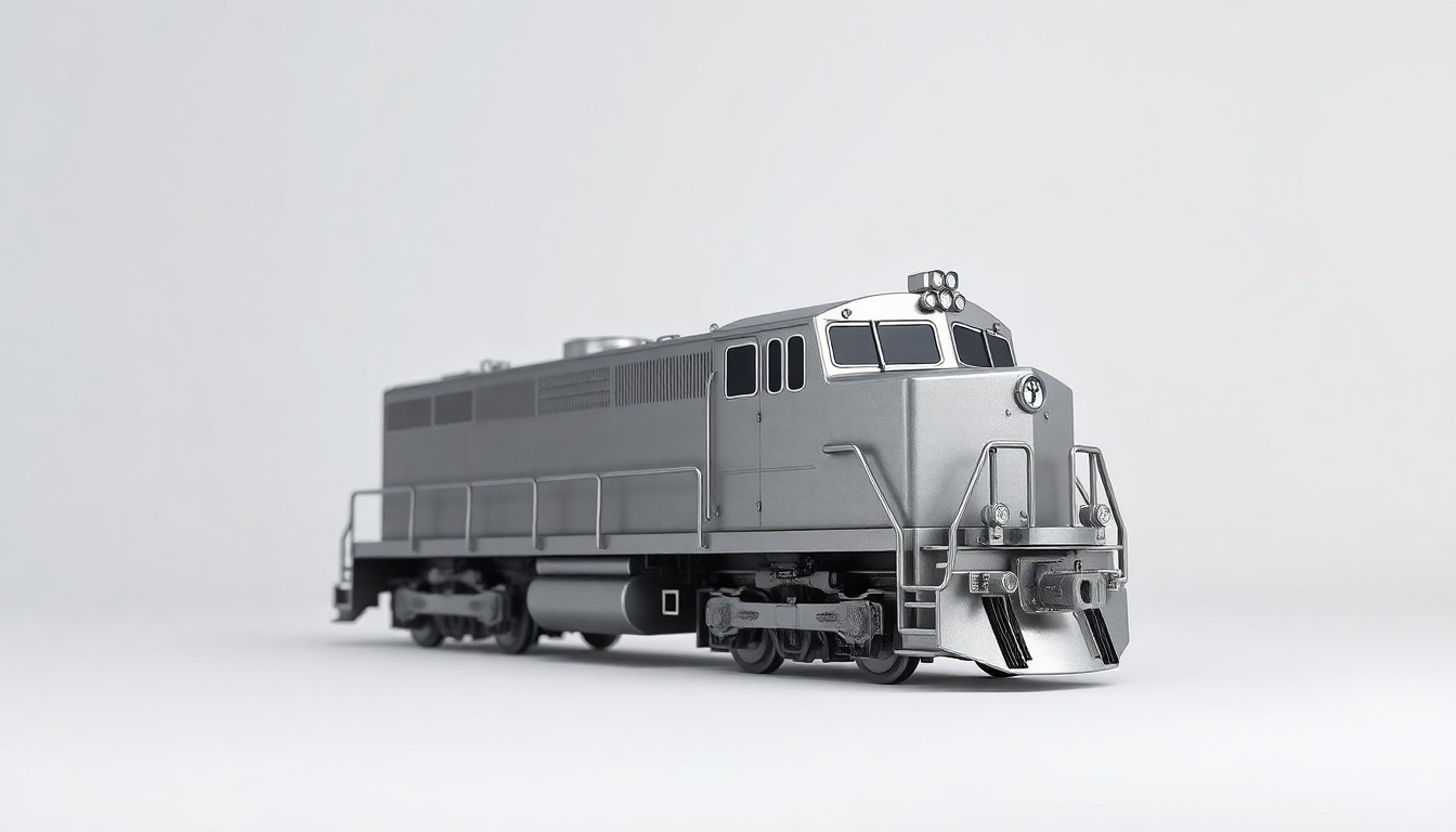 A photorealistic studio still-life image featuring a polished, geometric metal model of a train engine floating on a clean, monochromatic background, symbolizing the stalled progress of critical transportation infrastructure projects in Canada.