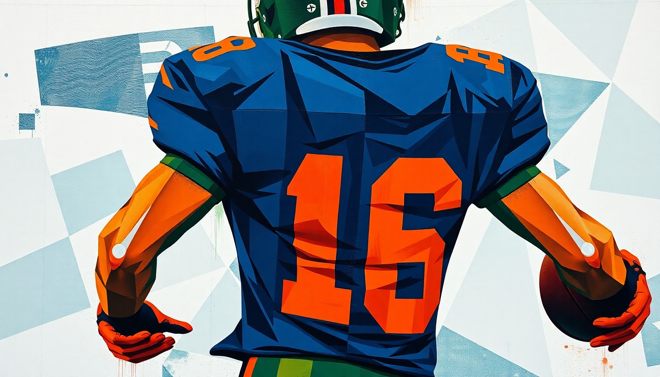 A fractured, multi-perspective painting depicting a football player's movements and actions broken down into sharp, overlapping geometric planes in navy blue, burnt orange, and forest green. The player's identity is obscured, with only the jersey number and fragmented limbs visible.