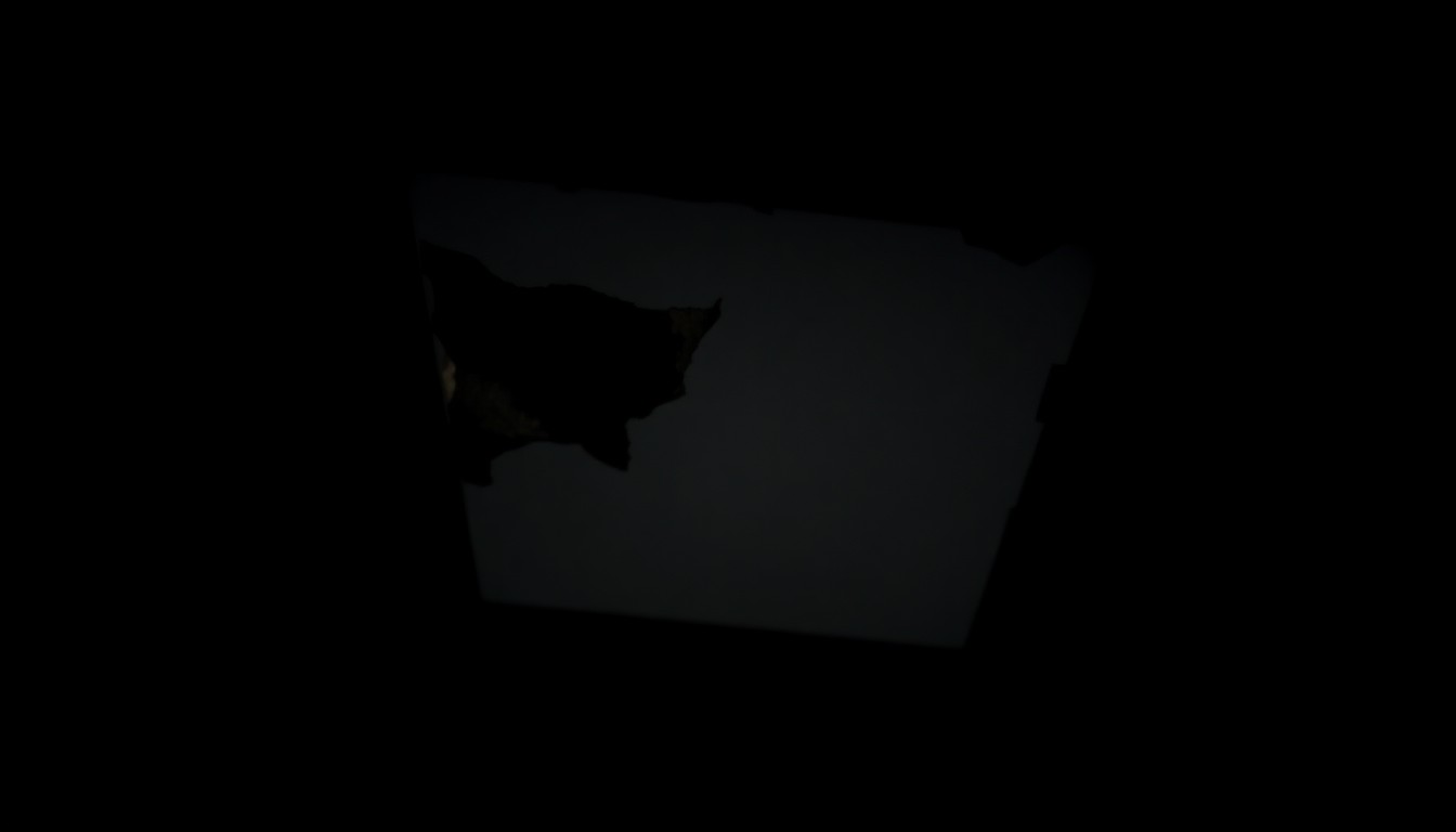 An extreme close-up photograph of a damaged ceiling tile or air conditioning unit fragment against a pitch-black background, lit by a harsh, direct camera flash, conceptually illustrating the physical evidence from a restaurant ceiling collapse that seriously injured a customer.