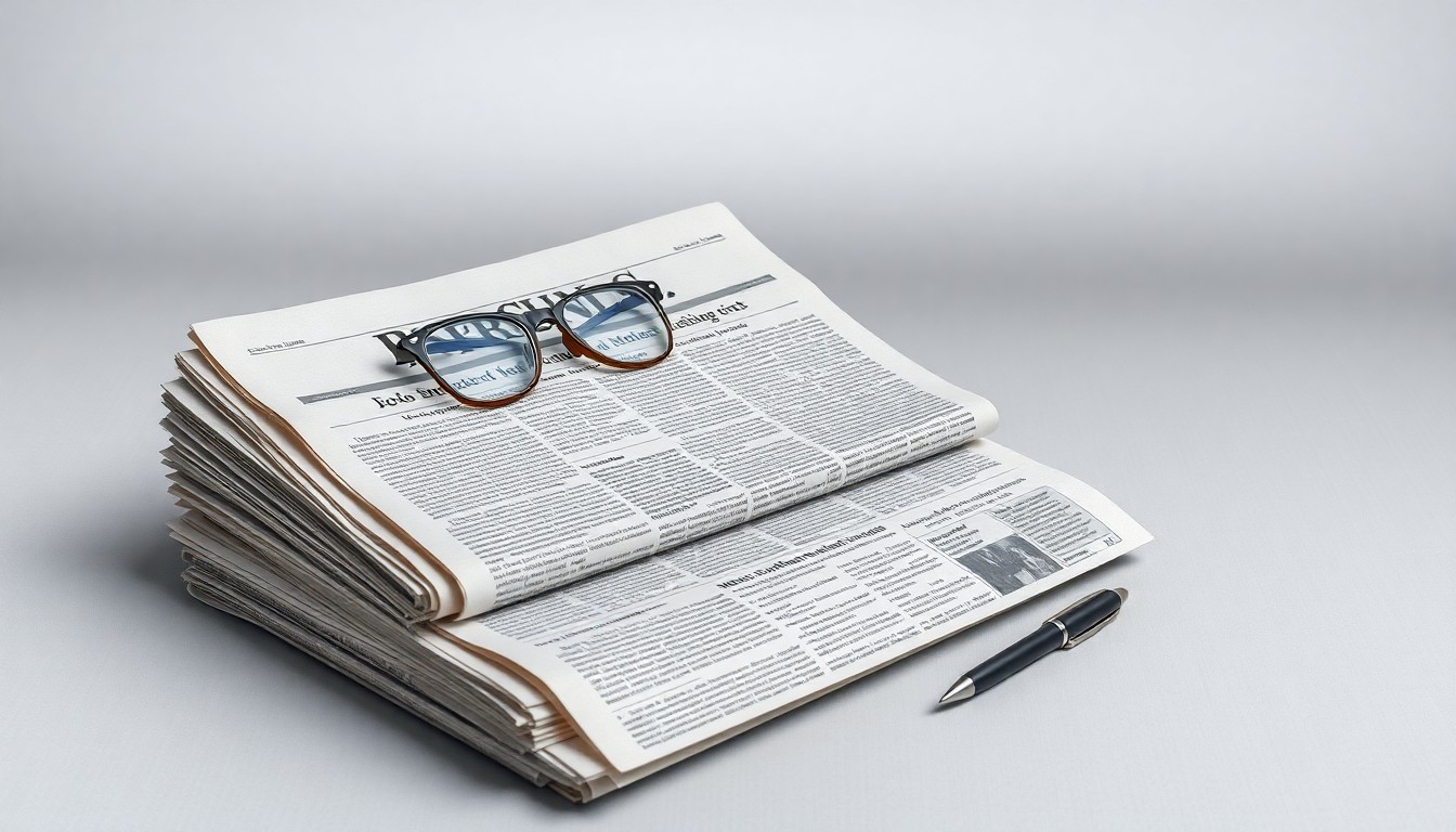 A minimalist studio still life photograph featuring a stack of old newspapers, a pen, and a pair of reading glasses arranged on a clean, monochromatic background, symbolizing the changing media landscape and the transition of a legacy newspaper to new ownership.
