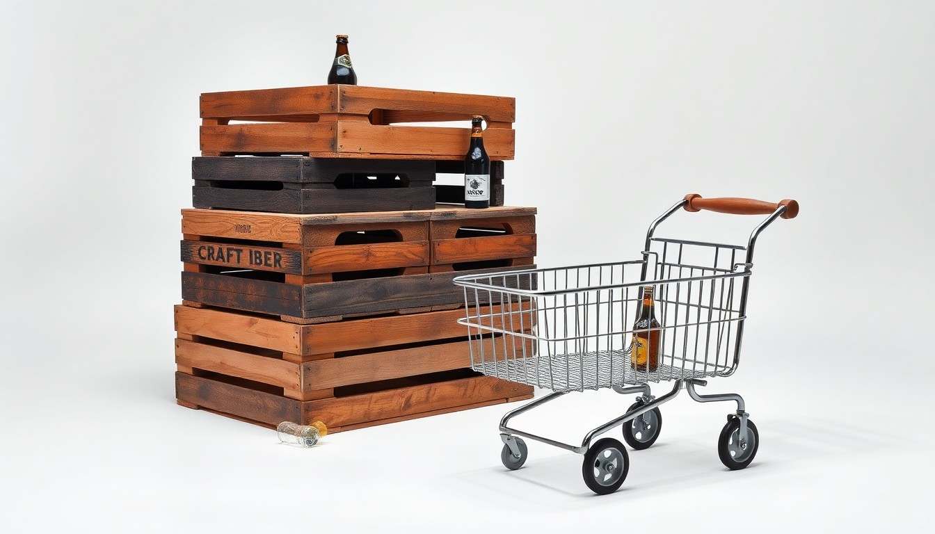 A photorealistic studio still life featuring a stack of wooden beer crates, a few bottles of craft beer, and a vintage-style metal hand truck, all arranged elegantly on a clean, white background to symbolize the abstract concepts of growth, distribution, and the revival of urban retail spaces.