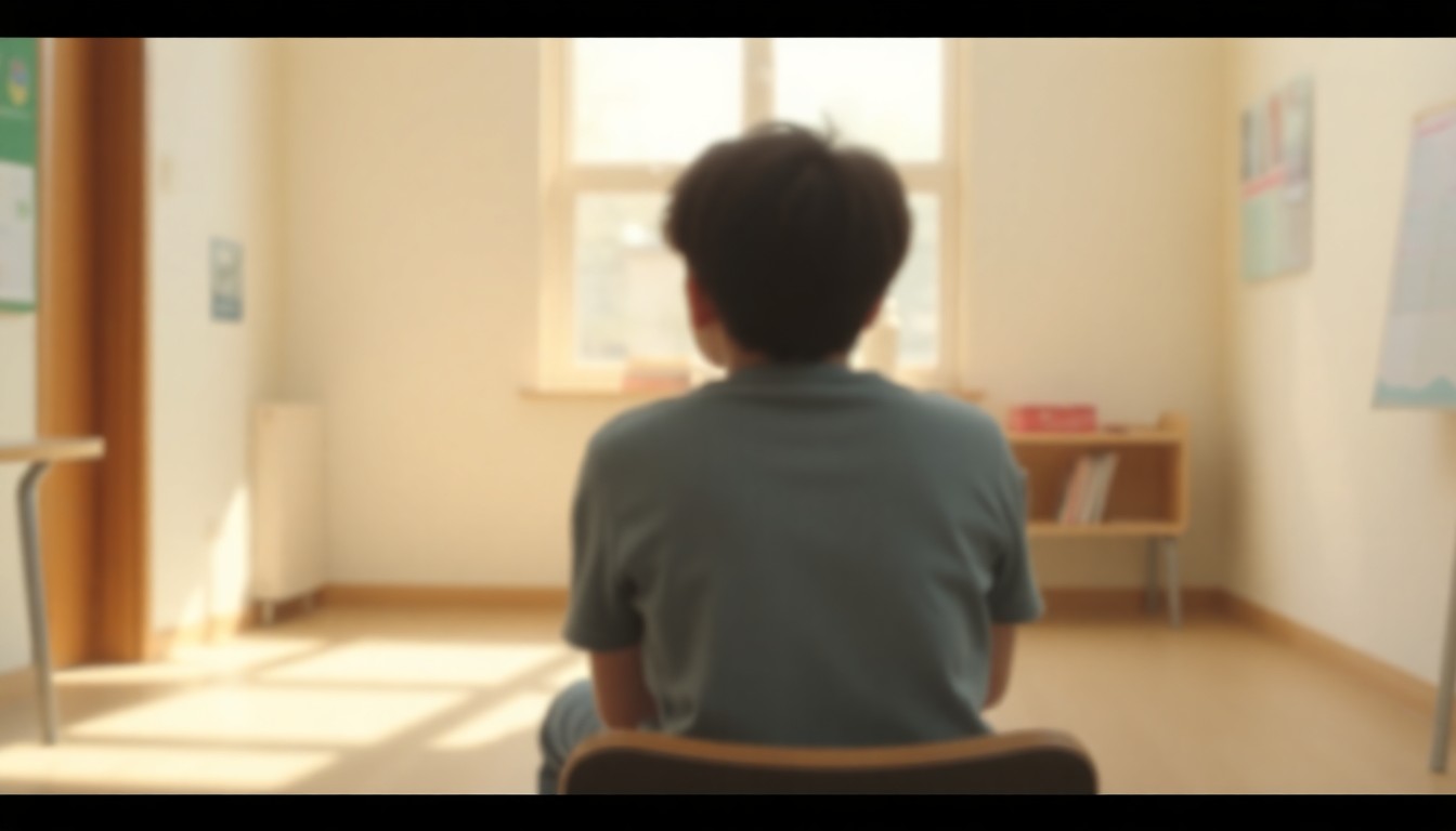An abstract, impressionistic scene of a student sitting alone in a softly lit, out-of-focus room, conveying a sense of tranquility and introspection.