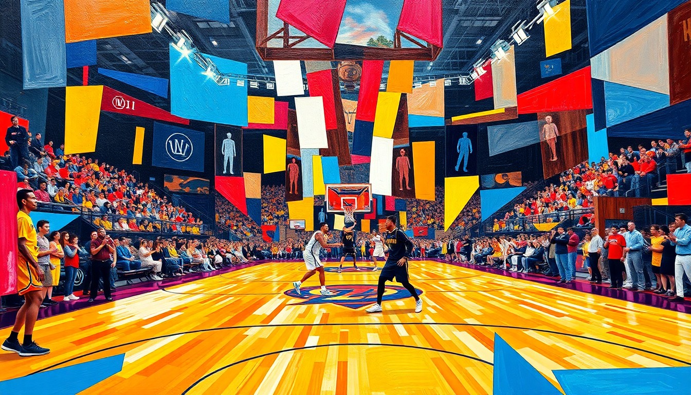 A fractured, cubist-style painting depicting a college basketball game, with the players and court broken down into sharp, overlapping geometric shapes in a dynamic, energetic composition.