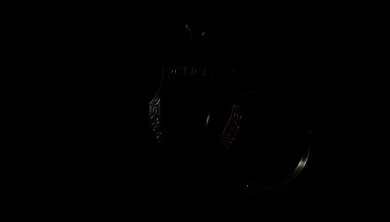 An extreme close-up photograph of a police badge or handcuffs, capturing the harsh, gritty details and dramatic lighting to conceptually illustrate the investigative nature of this incident.
