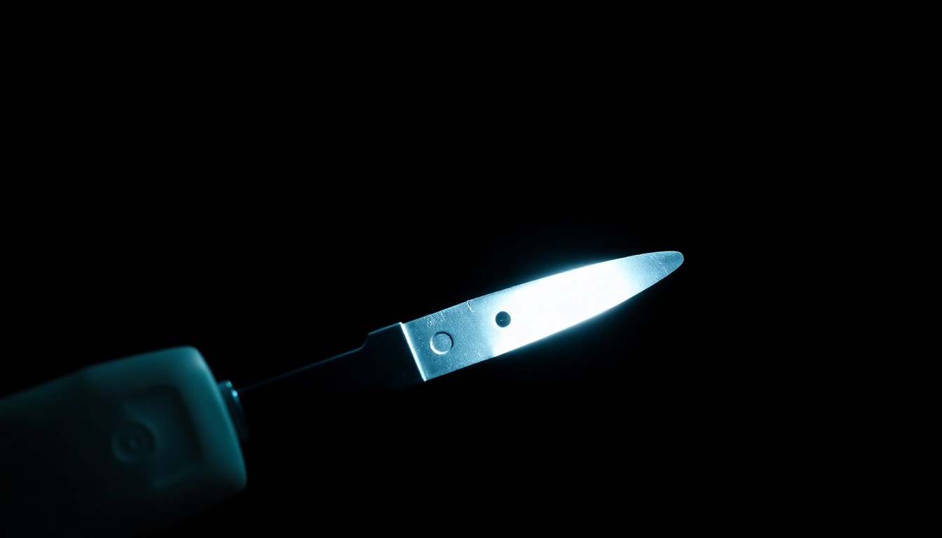 An extreme close-up of a medical instrument or piece of evidence related to the botched surgeries, captured in stark, dramatic lighting that conveys the gravity and urgency of the situation.