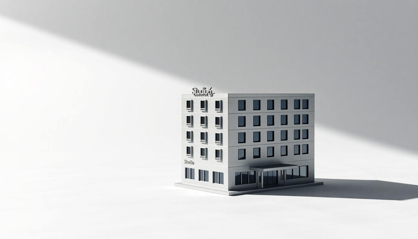 A photorealistic studio still-life photograph featuring a polished, geometric metal model of a hotel building on a clean, white background, symbolizing the growth and development of the Studio 6 brand.